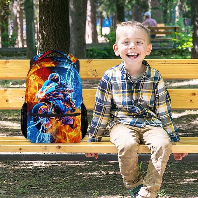 CustomWish Backpack for Boys, Motorcycle Backpack for Kids Teens, Durable School Supplies for Kindergarten Primary Middle Senior, 17 Inch Cool Car Bookbag for School Travel Work