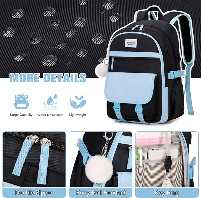 Bevalsa Backpack for Girls, School Backpacks for Girls, Kids Backpack with Lunch Box & Pencil Pouch for Teens Girl Kids Elementary Middle High School College Student Bookbag Daypack (Blue Black)