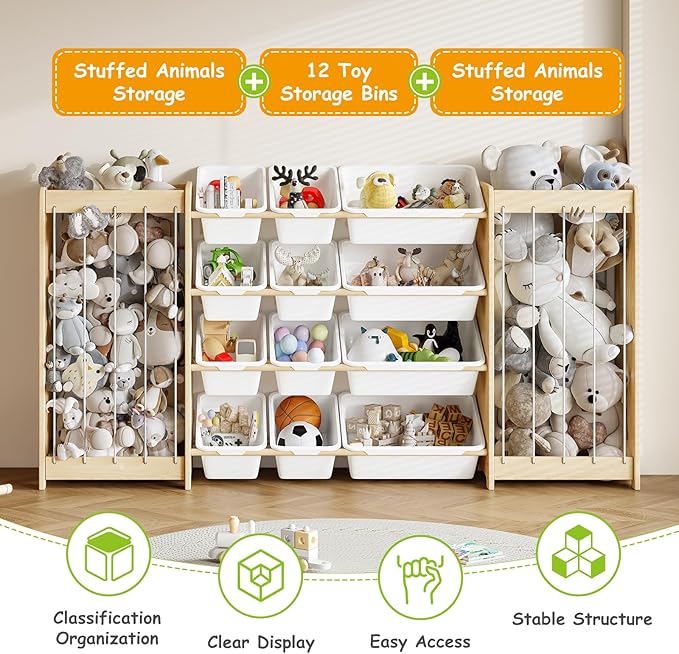 EXPERLAM Toy and Stuffed Animal Storage, 12-Bin Toy Shelf with Double-Sided Stuffed Animal Holder & Thicker Elastic Ropes, Space-Saving Solid Wood Toy Organizer for Playroom, Nursery, Bedroom, White