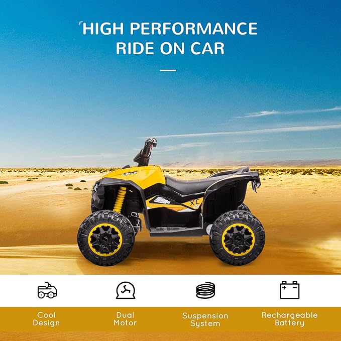 Aosom 12V Kids ATV Quad Car with Forward & Backward Function, Four Wheeler for Kids with Wear-Resistant Wheels, Music, Electric Ride-on ATV for Toddlers Ages 3+ Years Old, Yellow