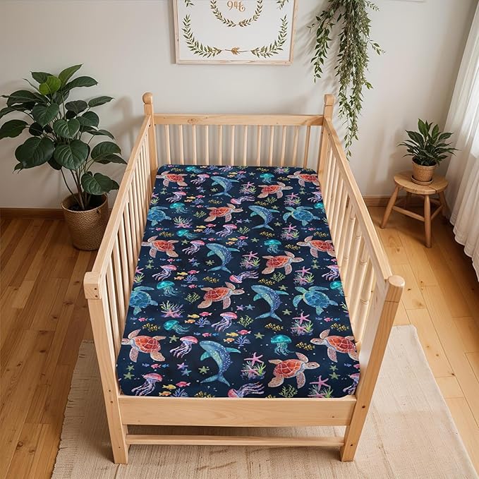 Fantasy Sea Animals Baby Crib Sheets for Boy Girl 28"x52" Turtle Whale Jellyfish Corals Soft Stretchy Fitted Crib Mattress Covers Nautical Marine Baby Sheet for Standard Crib & Toddler Mattress Navy