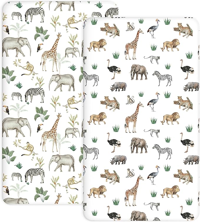 Crib Sheets for Boys and Girls, 2 Pack Fitted Baby Sheets for Standard Toddler Mattress 28" x 52", Soft Breathable Jersey Knit Baby Bedding (Jungle Journey)