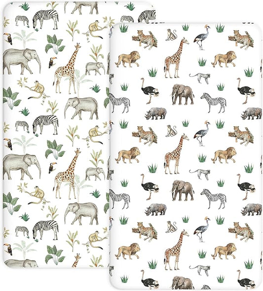 Crib Sheets for Boys and Girls, 2 Pack Fitted Baby Sheets for Standard Toddler Mattress 28" x 52", Soft Breathable Jersey Knit Baby Bedding (Jungle Journey)
