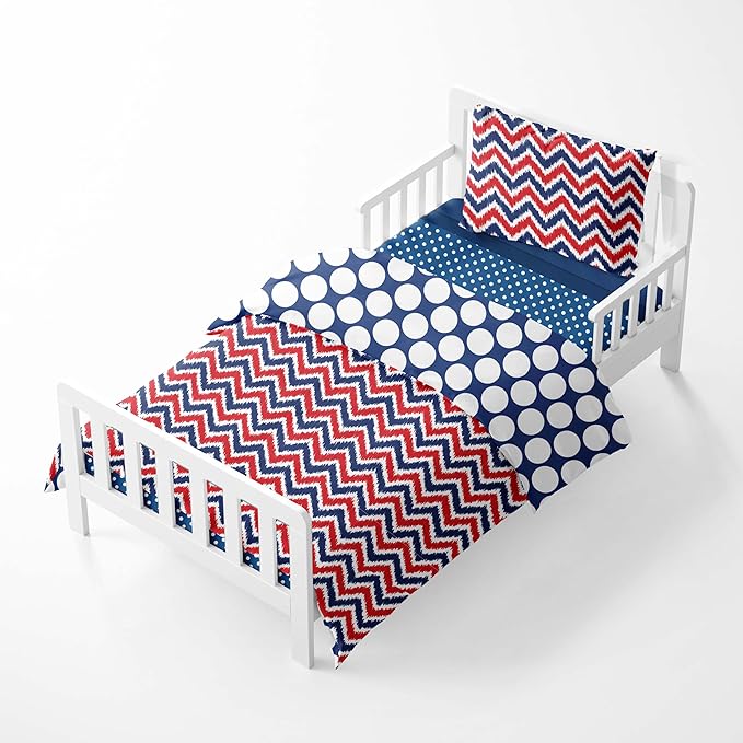 Bacati - Mix N Match 4 Pc Boys Toddler Bedding Set 100 Percent Cotton Includes Reversible Comforter, Fitted Sheet, Top Sheet, and Pillow Case for Boys (Navy/Red)