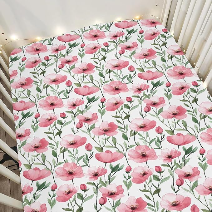 Watercolor Red Poppies Baby Crib Sheets for Boy Girl 28"x52" Vintage Poppies Flowers Soft Stretchy Fitted Crib Mattress Cover Spring Summer Baby Sheet Fits for Standard Crib and Toddler Mattress
