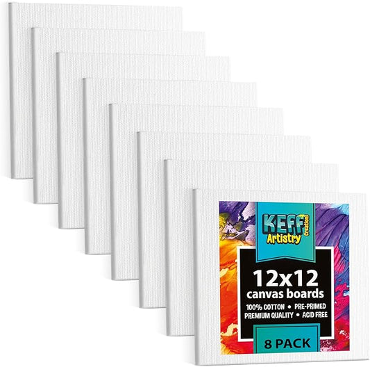 KEFF Canvas Boards for Painting - 12x12 8-Pack Bulk Canvas Panels, 100% Cotton Triple Primed Large Canvases for Art Painting Supplies, Acrylic, Oil, Watercolor & Tempera