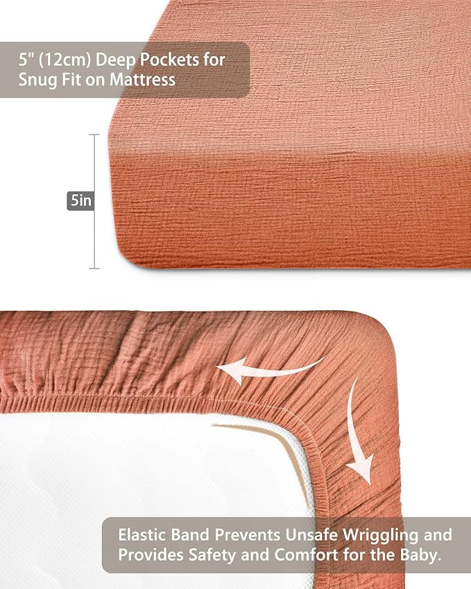 Mini Crib Sheets for Baby, Fitted Pack N Play Mattress and Mini Cribs 24" x 38", Neutral Muslin Cotton Mini Crib Mattress Sheet with Boho Style, Soft and Breathable Comfort (Brick)
