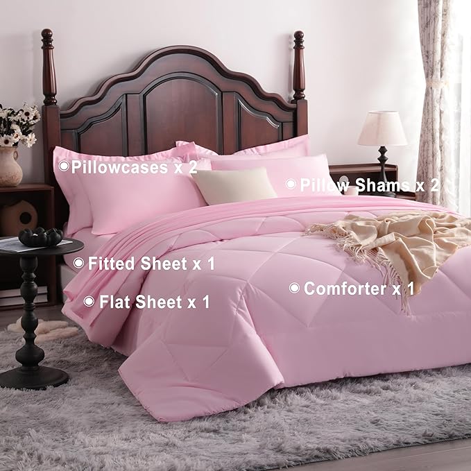 NTBAY King Comforter Set with Sheets, 7 Pieces Soft and Breathable King Bedding Set, Bed in a Bag, Down Alternative Comforter Set Solid Color All Season, King Bedding Set, Pink