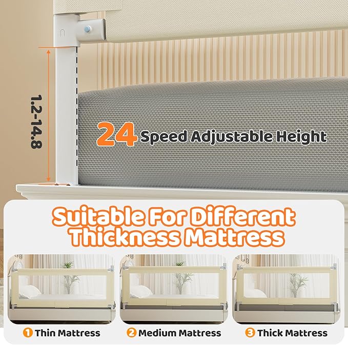 Bed Guard Rail for Toddlers - 1 Minute Quick Assembly & Double Side Lift with Safety Child Lock - Adjustable Height Baby Bed Rails for Queen King Full Size Bed(3 Packs, 78.74×78.74×74.8")