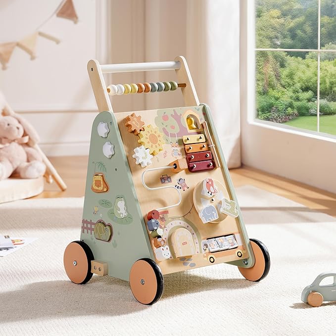 ROBOTIME Baby Walking Toy, Adjustable Speed & Height Wooden Baby Walker Push Toy, Montessori Toddler Push Toy with Brake, Storage & Multi-Activity Play Center for 10M+ Kids (Forest Fairy Tale)