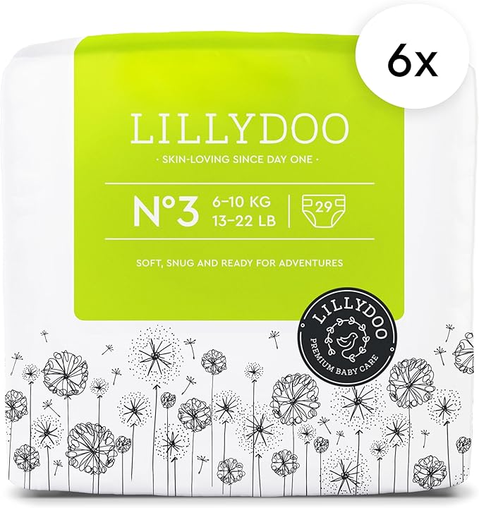 LILLYDOO Baby Diapers - Size 3 (13-22 lbs), Monthly Supply (174 Count), Leak Protection, Skin-Friendly, Ultrasoft, Perfume- & Chlorine-Free, Hypoallergenic, Dermatologist Tested, Oeko-TEX®
