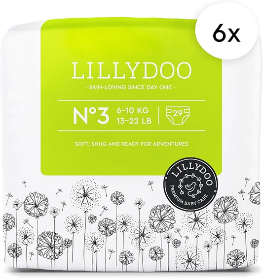 LILLYDOO Baby Diapers - Size 3 (13-22 lbs), Monthly Supply (174 Count), Leak Protection, Skin-Friendly, Ultrasoft, Perfume- & Chlorine-Free, Hypoallergenic, Dermatologist Tested, Oeko-TEX®