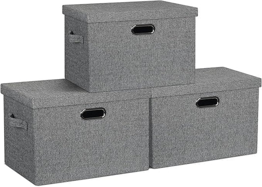 Graciadeco Large 17" 36 Quart Collapsible Stackable Storage Bins with Lids, 3 Packs Black and White Mix Linen Fabric Closet Boxes with Lids, Storage Cube Baskets Container Organizers (17x12x11)