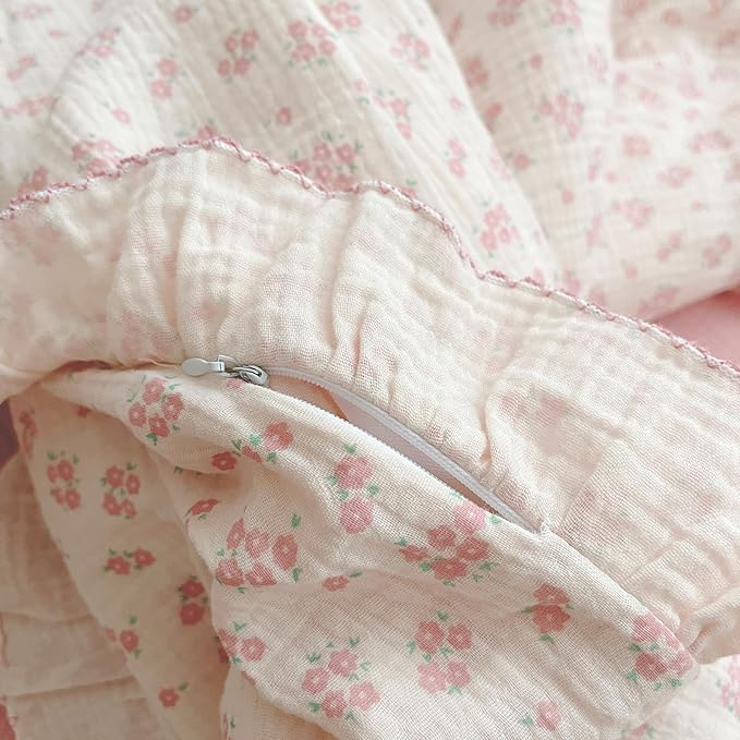 BuLuTu Pink Floral Duvet Cover Full Bedding Duvet Covers for Girls Kids Teens Soft Breathable Cotton Comforter Cover 79"x90" Shabby Chic Ruffles Quilt Cover, No Duvet/Comforter