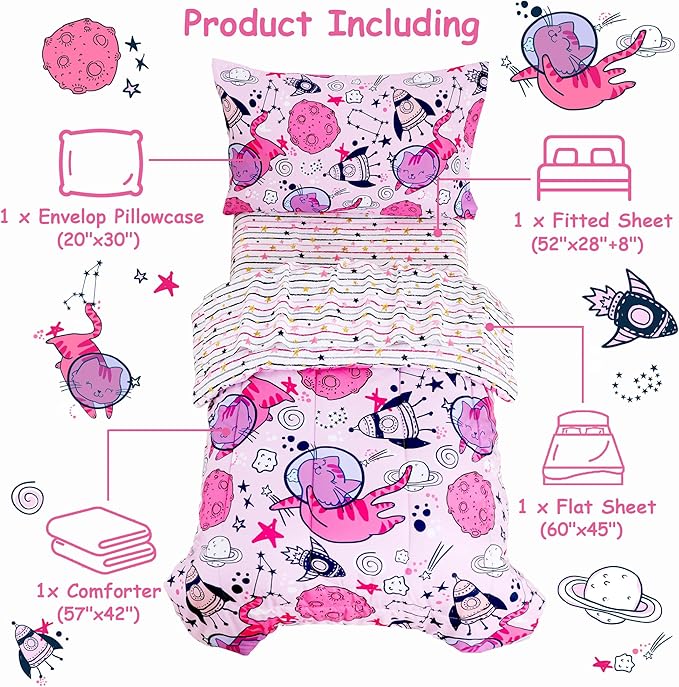 Mooreeke 4 Pieces Toddler Bedding Set - Pink Cute Space Cat Toddler Comforter Sets for Girls, Includes Comforter, Flat Sheet, Fitted Sheet and Pillowcase, Bed in A Bag for Baby Bedroom