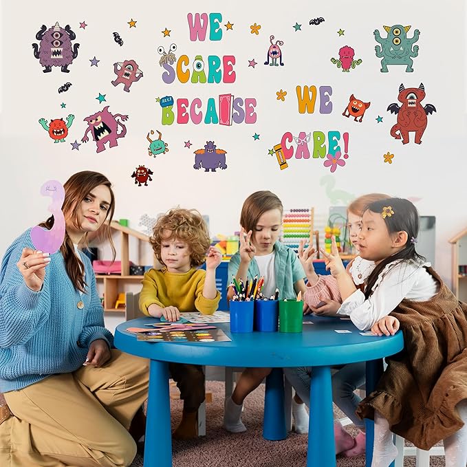 Monsters Wall Stickers for Kids, Monsters Wall Stickers for Children Room, We Scare Because We Care Stickers, Monsters Removable Stickers for Baby Nursery Bedroom Living Room Playroom Wall Decoration