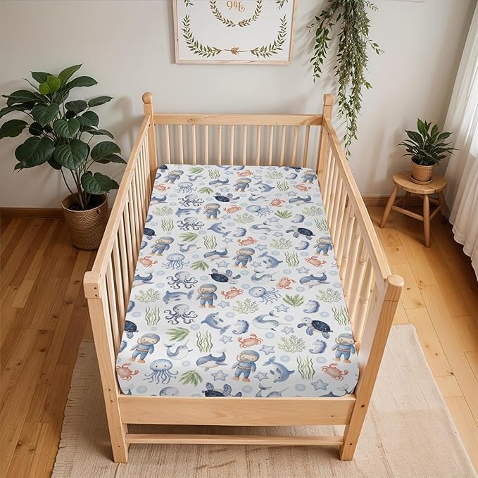 Sea Animal Baby Crib Sheets for Boy Girl 52x28 Diver Turtle Jellyfish Whale Corals Starfish Soft Snug Fitted Crib Mattress Covers Cute Ocean Animals Baby Sheet for Standard Crib & Toddler Bed Mattress