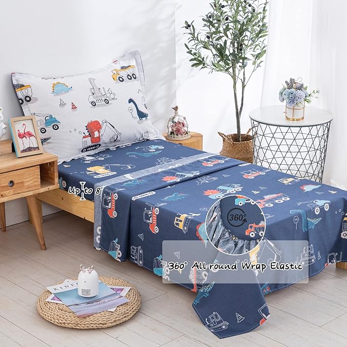 DJY 4 Pieces Cotton Toddler Bedding Set, Dinosaur Cars Reversible Toddler Bed Comforter Set for Kids Boys Girls, Includes Quilted Comforter, Flat Sheet, Fitted Sheet and Pillowcase