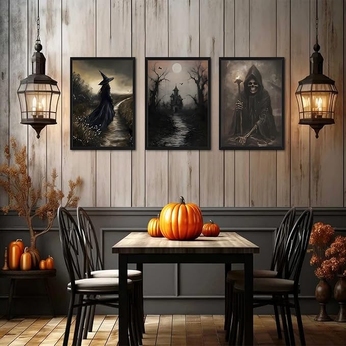 Framed Dark Academia Wall Art Set of 3, Vintage Gothic Skull Witch Wall Decor Paintings, Rustic Moody Spooky Haunted House Prints Pictures for Halloween Living Room 16x24 Inch