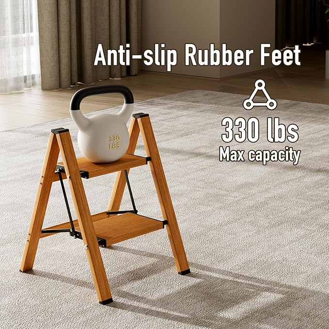 Mayi Plus 2 Step Ladder,Aluminum Folding Step Stool for Adults,Step Ladder with Wide Anti-Slip Pedal,330 lbs Capacity for Home,Office,Kitchen,Library(Woodgrain)