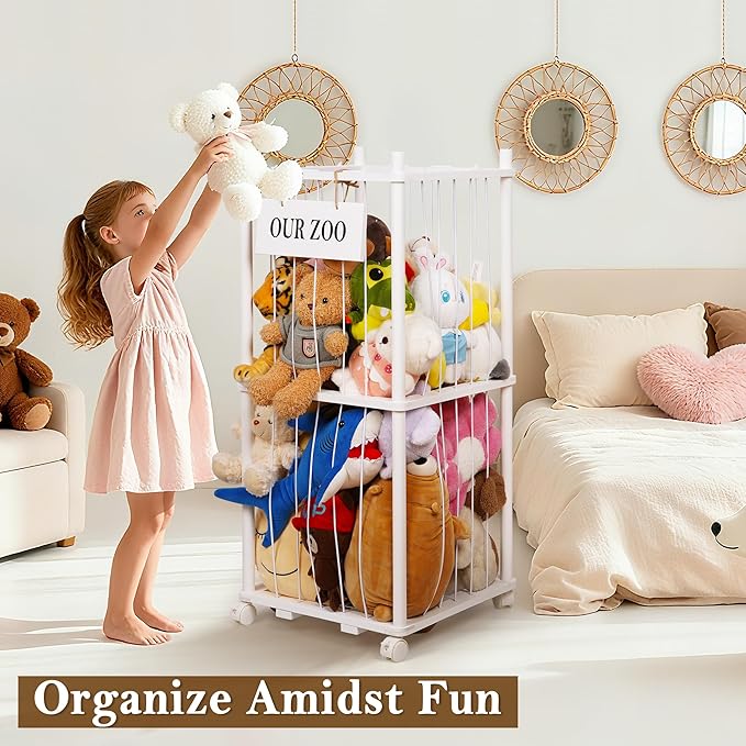 Edudif Stuffed Animal Storage Zoo, Wooden Stuffed Animal Organizer with Removable Wheels & 5-Row Elastic Cords, Space-Saving Plush Toy Storage Holder for Playroom, Bedroom, Nursery