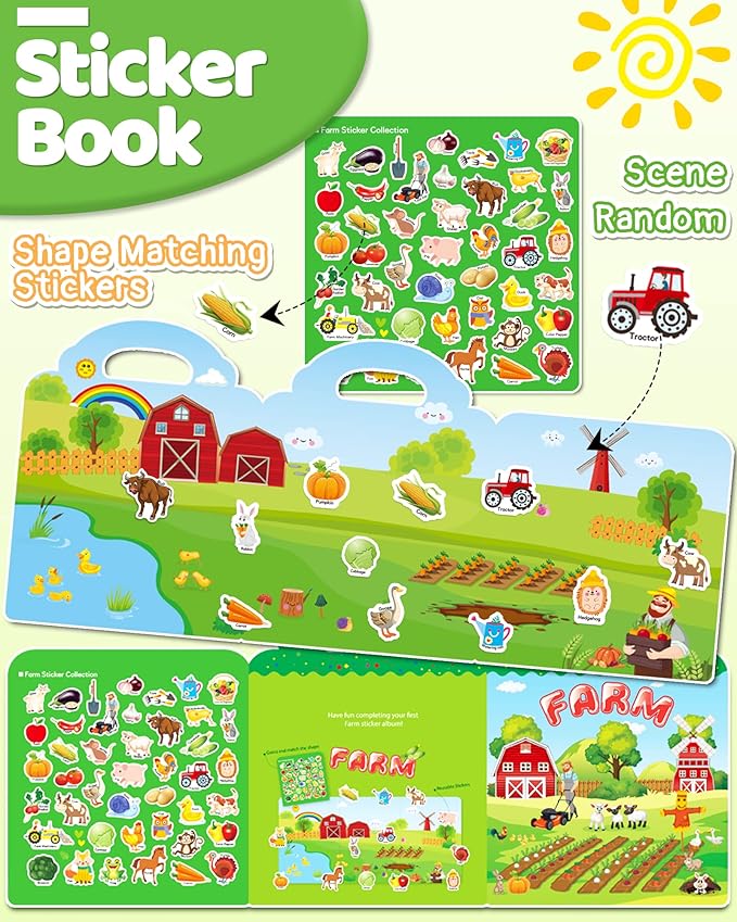 Benresive Reusable Sticker Books for Toddlers, Fun Travel Stickers for Kids, Toddler Sticker Book, Crafts Activities for Toddlers, 3 and Up Birthady Gifts - Farm