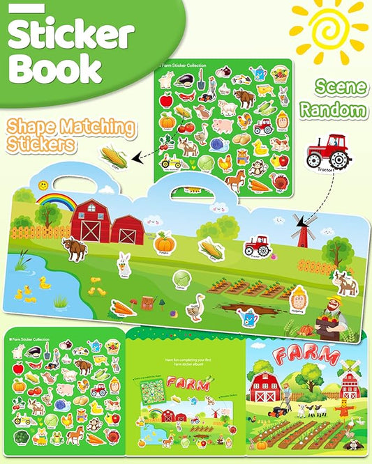 Benresive Reusable Sticker Books for Toddlers, Fun Travel Stickers for Kids, Toddler Sticker Book, Crafts Activities for Toddlers, 3 and Up Birthady Gifts - Farm