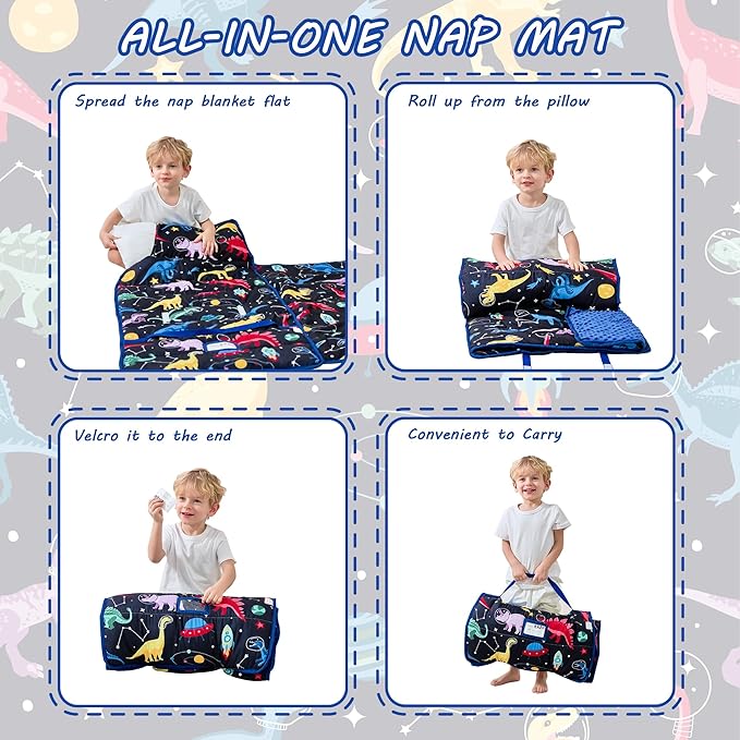 Toddler Nap Mat with Pillow and Blanket, Extra Large Rolled Napping Mats,Slumber Bags for Boys Girls,Kids Sleeping Bag for Daycare, Preschool Travel Camping