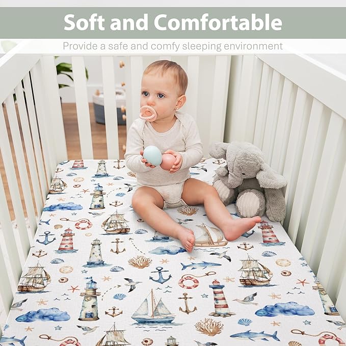 Sailing Adventure Baby Crib Sheets for Boy Girl 28"x52" Sea Lighthouse Ship Anchors Whale Shells Soft Snug Fitted Crib Mattress Cover Beach Summer Baby Sheet for Standard Crib & Toddler Bed Mattress