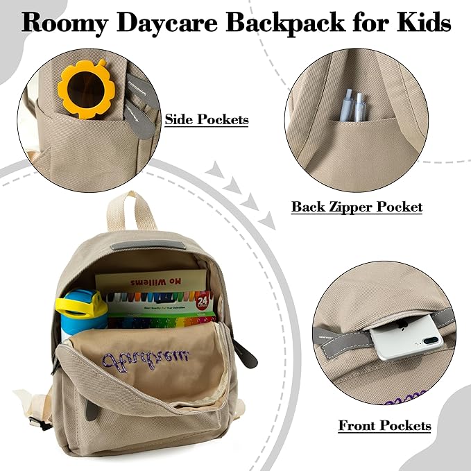 MT WORLD Daycare Backpack - Personalized Canvas Backpack with Name - Classic 15inch Daypack with Back Pocket - Custom Daycare Diapering Bag for Overnight Travel Birthday Gifts (Stone Gray, Large)