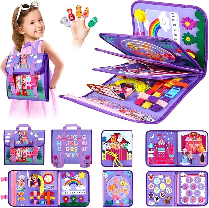 FREYBLI Toddler Busy Board, Montessori Toys for Girl Birthday Gift, Educational Quiet Activity Busy Book for Toddlers, Airplane Car Travel Toys