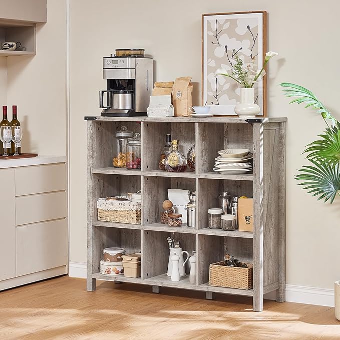 Joaxswe 9 Cube Bookcase, Farmhouse 47 Inch Wide Grey Oak Bookshelf, Wooden 3 Tier Display Large Open Book Shelf, Vintage Horizontal Book Case for Home Office, Cubby Storage Cabinet for Living Room