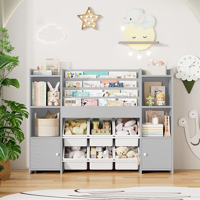 FINETONES Toy Storage Organizer with 6 Toy Bins, Toy Organizer Kids Bookshelf with 6 Cubbies, Toy Organizers and Storage Bins Playroom Storage for Kids Room, Grey