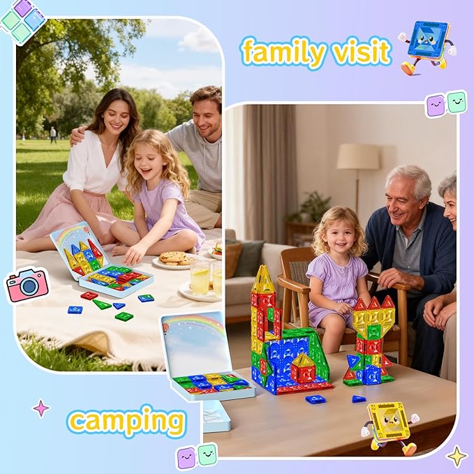 60pcs Mini Magnetic Tiles for Kids Ages 3-8,Travel Magnetic Building Blocks with Metal Storage Box, STEM Educational Toys, Montessori Sensory Learning Toys for Toddlers, Boys & Girls Christmas Gift