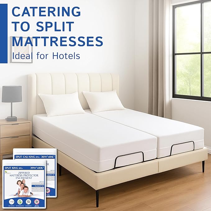 Split King Mattress Encasement 39" x 80" (2PCs) - Waterproof Zippered Protector Hypoallergenic Premium Quality Bed Cover