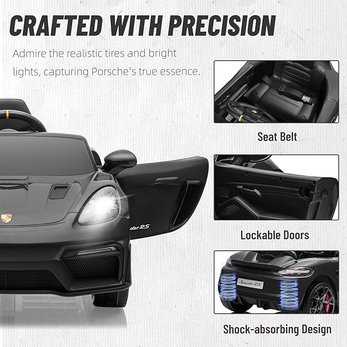 First Ride On Licensed Porsche 718 12V Electric Car for Kids, Ride on Toys for Toddler, Child Ride on Car w/Parent Remote, Led Lights, Openable Doors, MP3 Player, Smooth Start, 3 Speeds (Black)