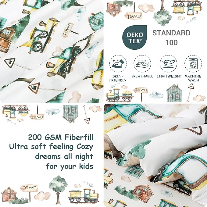 Mooreeke 4 Pieces Toddler Bedding Set - Brown Country Train Town Toddler Comforter Sets for Boys, Includes Comforter, Flat Sheet, Fitted Sheet and Pillowcase, Bed in A Bag for Baby Bedroom
