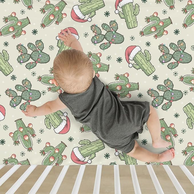 Christmas Cactus Santa Hat Baby Crib Sheets for Boy Girl 52x28Inch Green Cactus Balls Snowflakes Soft Snug Fitted Crib Mattress Cover West Desert Plant Baby Sheet for Standard Crib & Toddler Mattress