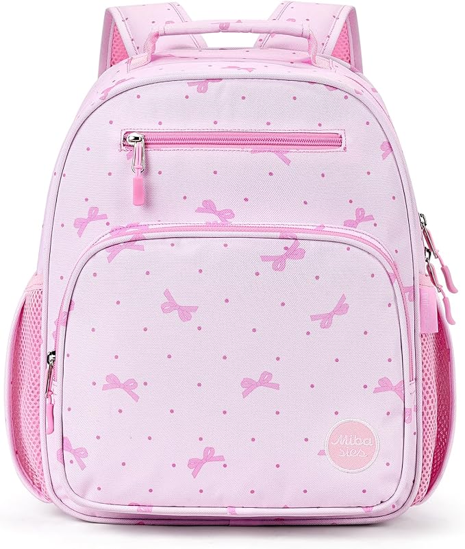 mibasies Girls Backpack 5-8: Lightweight Kids Backpacks for Girls - Girl Bookbag for Elementary School - Polka Dot Bow Pink