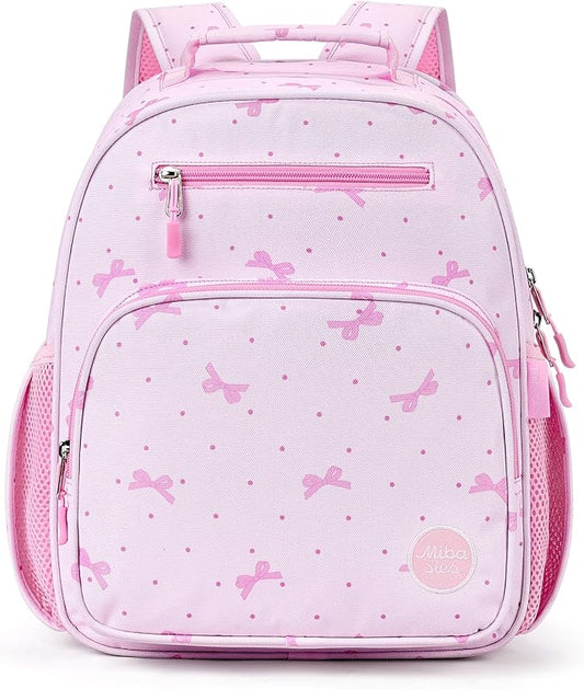 mibasies Girls Backpack 5-8: Lightweight Kids Backpacks for Girls - Girl Bookbag for Elementary School - Polka Dot Bow Pink