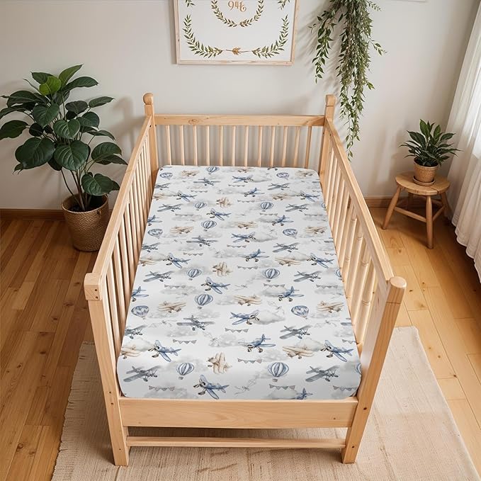 Vintage Planes Airplanes Helicopters Baby Crib Sheets Boy Girl 28"x52" Hot Air Balloon Plane Clouds Sky Soft Stretchy Fitted Crib Mattress Cover Baby Sheet for Standard Crib & Toddler Mattress Pad
