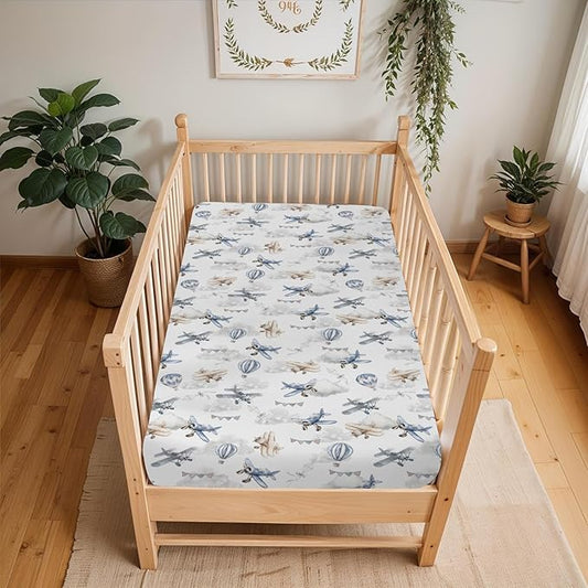 Vintage Planes Airplanes Helicopters Baby Crib Sheets Boy Girl 28"x52" Hot Air Balloon Plane Clouds Sky Soft Stretchy Fitted Crib Mattress Cover Baby Sheet for Standard Crib & Toddler Mattress Pad