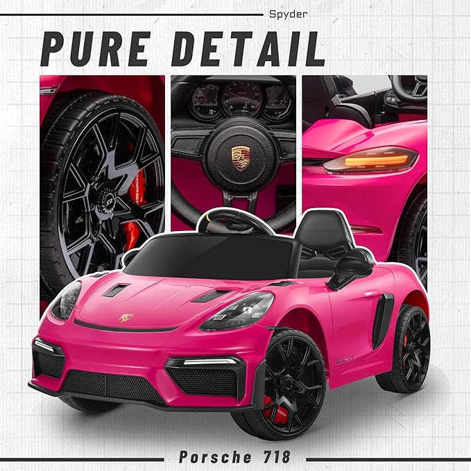 First Ride On Licensed Porsche 718 12V Ride on Toy for Toddler, Ride on Car for Kids with Remote Control, Child Electric Car w/Horn, Radio, USB, Spring Suspension, Opening Door, Led Light (Pink)