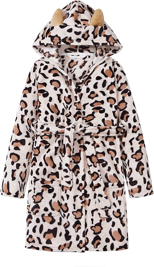 Topgal Leopard Cat Robe for Girls Fleece Toddler Kids Teen Hooded Bathrobe Size 4T-18