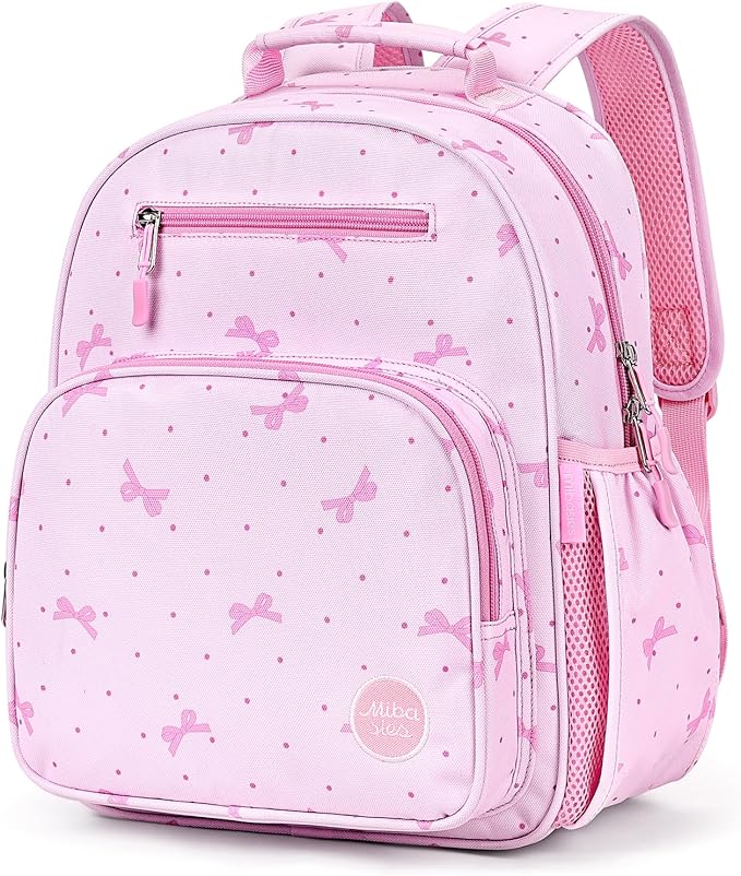 mibasies Girls Backpack 5-8: Lightweight Kids Backpacks for Girls - Girl Bookbag for Elementary School - Polka Dot Bow Pink