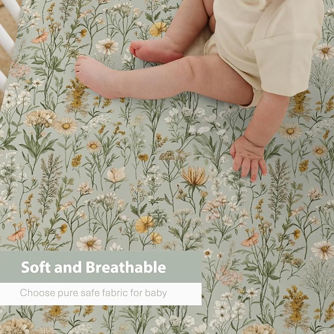 Vintage Wild Flowers Baby Crib Sheets for Boy Girl 52"x28" Retro Plant Soft Stretchy Fitted Crib Mattress Cover Spring Summer Baby Sheet for Standard Crib & Toddler Mattress Pad