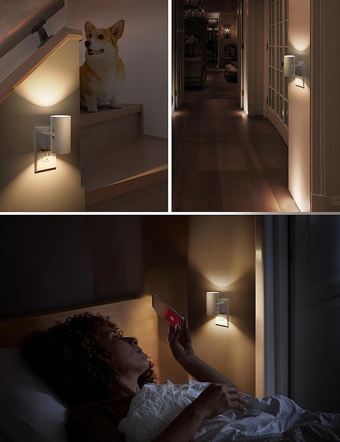 L LOHAS LED 4X Night Light Plug in, LOHAS Modern Night Light with Light Sensor, 0-100LM, Soft White 3000K, Dimmable Night Lights with White Shade for Hallway Bedroom Stairway