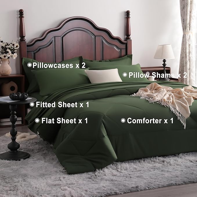 NTBAY King Comforter Set with Sheets, 7 Pieces Soft and Breathable King Bedding Set, Bed in a Bag, Down Alternative Comforter Set Solid Color All Season, King Bedding Set, Olive Green