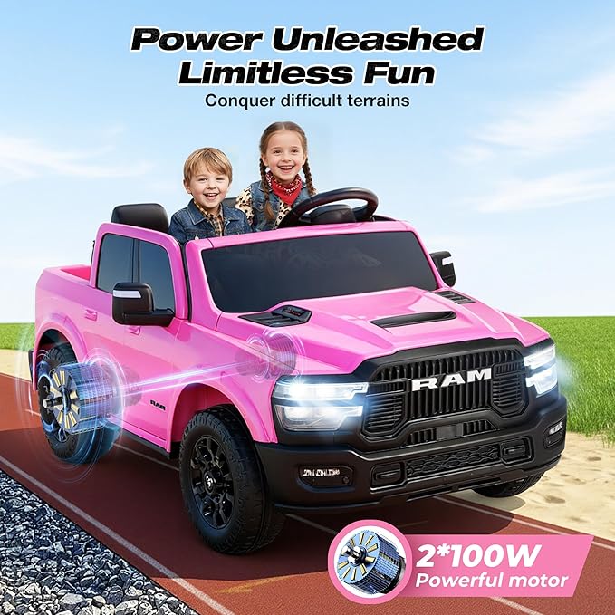 FUNTOK 24V 2 Seater Ride On Truck for Big Kids, Licensed RAM 2500 Kid's Electric Vehicles w/Remote Control, LED Light/Music/MP3/Bluetooth, Truck Bed Storage, Carry Wheels & Handle, Car for Kids 3-8