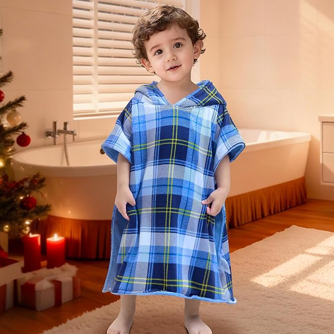 VOOVA & MOVAS Double-Layered Baby Hooded Towel Poncho (2-4 Years, 20x21 Inches) | Ultra Soft & Absorbent Cotton | Thick Toddler Bath Towel for Swimming, Beach, Shower & Winter, Blue Bufflo